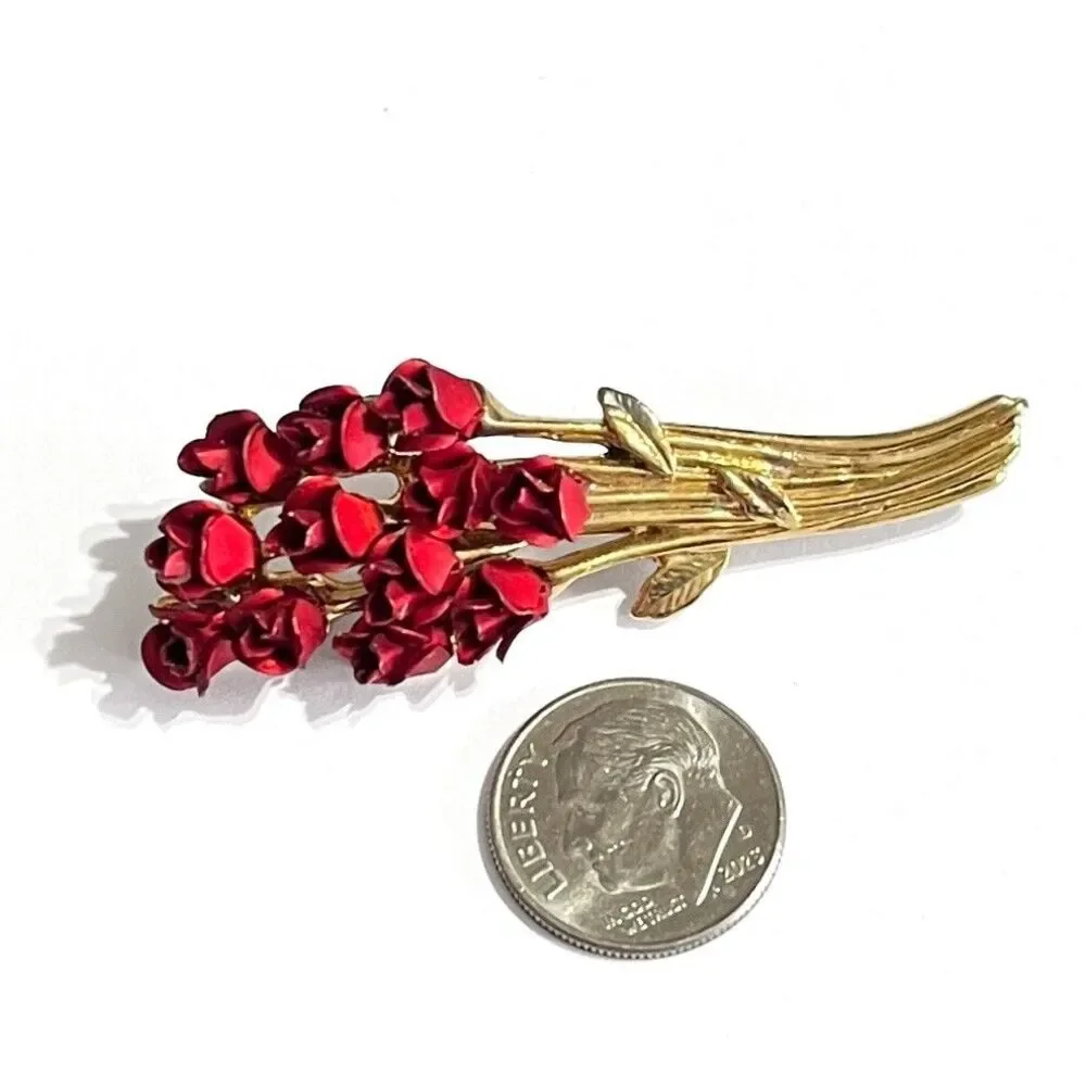 David Monn Red Roses Brooch Pin Bouquet 3D Flower Gold Tone Vintage 90s DM